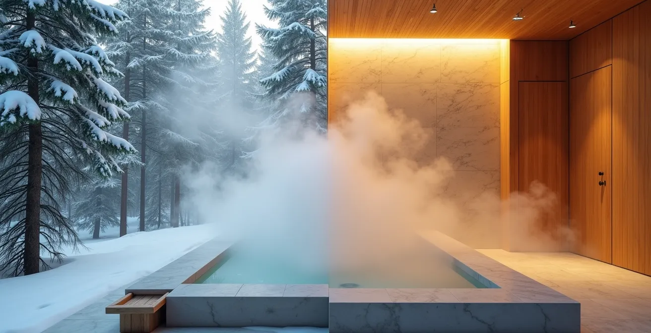 Vue en split-screen montrant d'un côté un bain scandinave extérieur fumant sous la neige et de l'autre un hammam traditionnel avec vapeur
