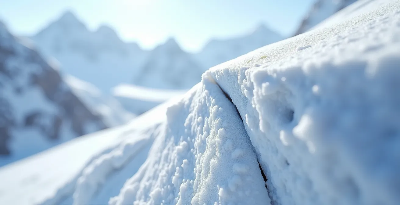 Gros plan sur une fracture dans le manteau neigeux révélant différentes couches de neige