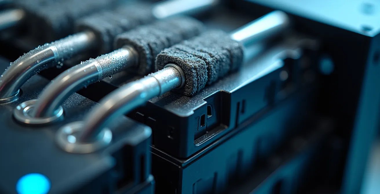 Vue macro détaillée du système de gestion thermique d'une batterie de bus électrique avec isolation visible