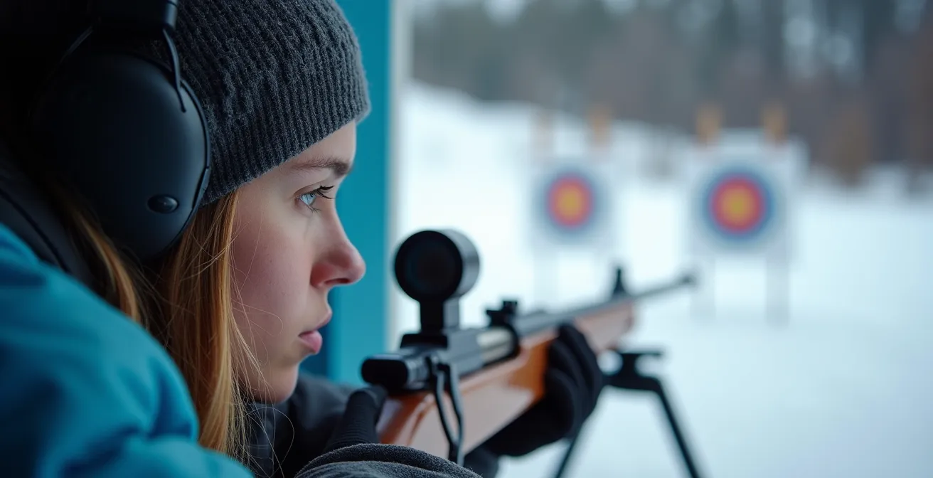 Athlète en position de tir au biathlon avec carabine