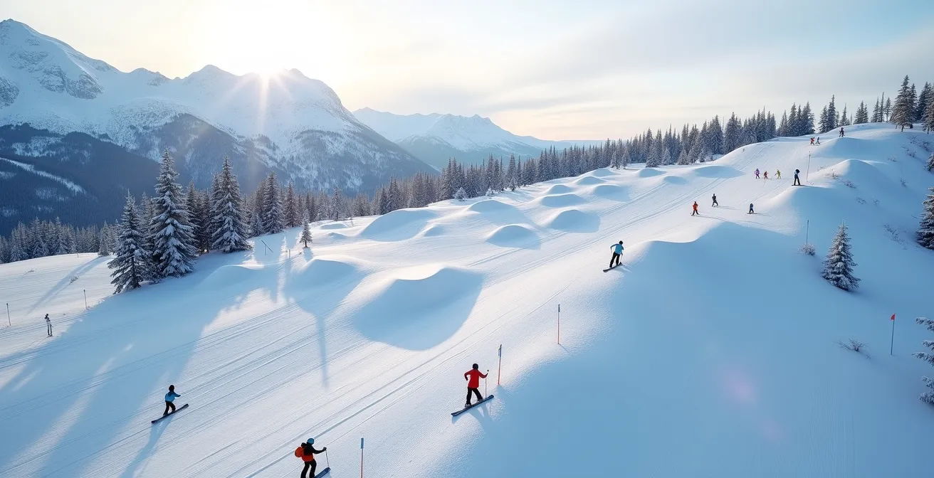 Vue aérienne d'un boardercross familial en montagne avec riders débutants