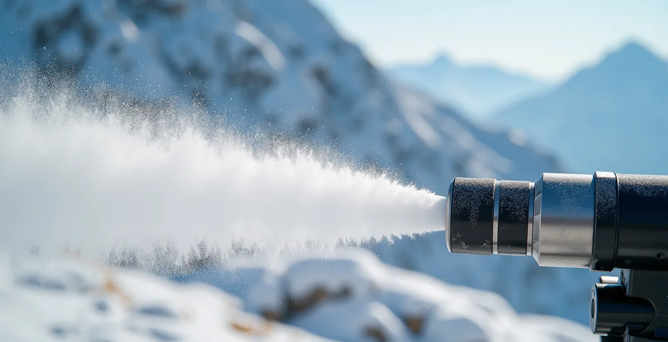 Canon à neige en action sur une piste de retour station en fin de saison avec neige artificielle contrastant avec l'herbe visible