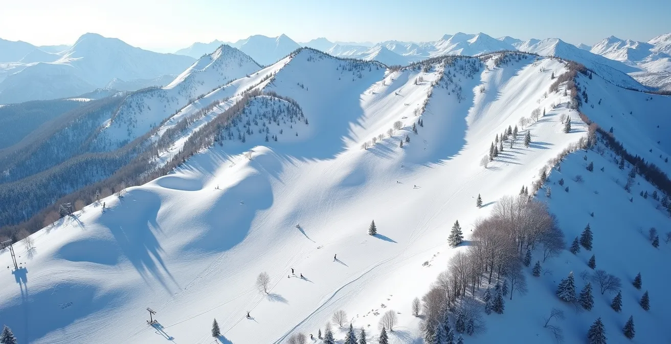 Vue aérienne d'un domaine skiable montrant les différentes expositions des versants avec codes couleurs