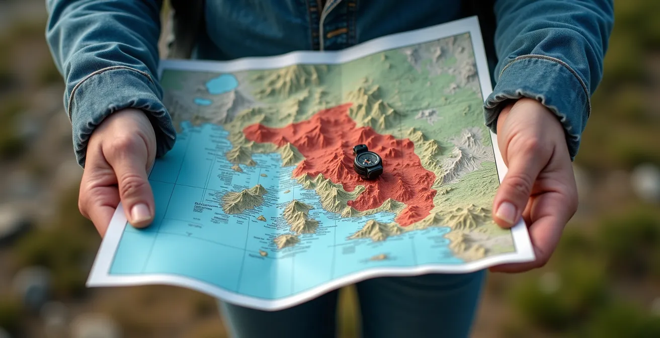 Vue aérienne d'une carte topographique 3D montrant les zones protégées en rouge sur un massif alpin