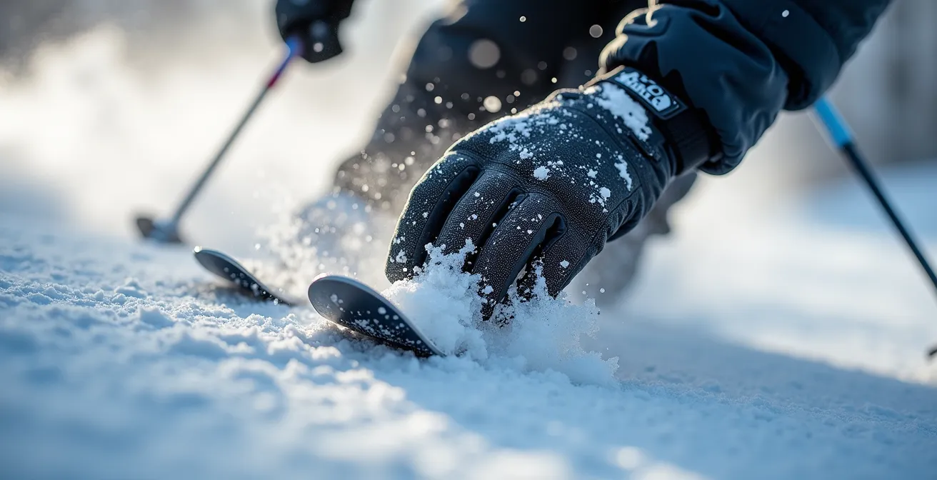 Skieur en carving extrême touchant la neige avec la main, illustrant l'angle maximum
