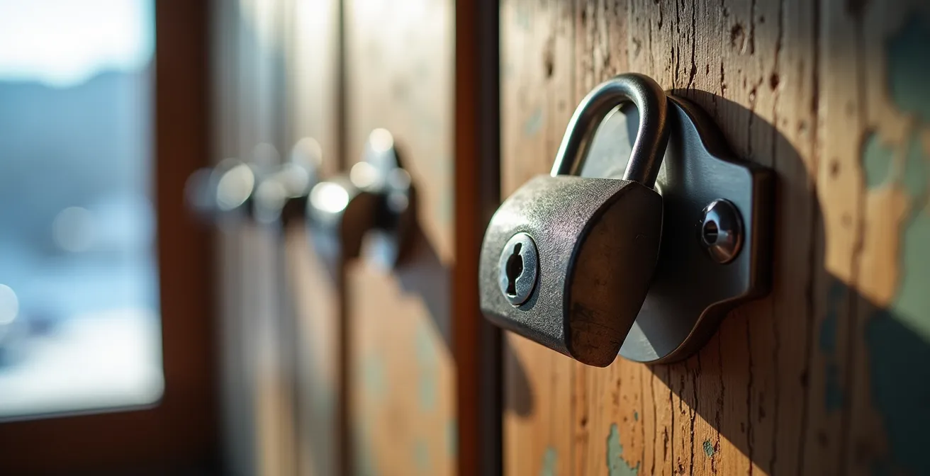 Vue macro détaillée d'un cadenas robuste sur un casier à skis en bois avec texture métallique visible