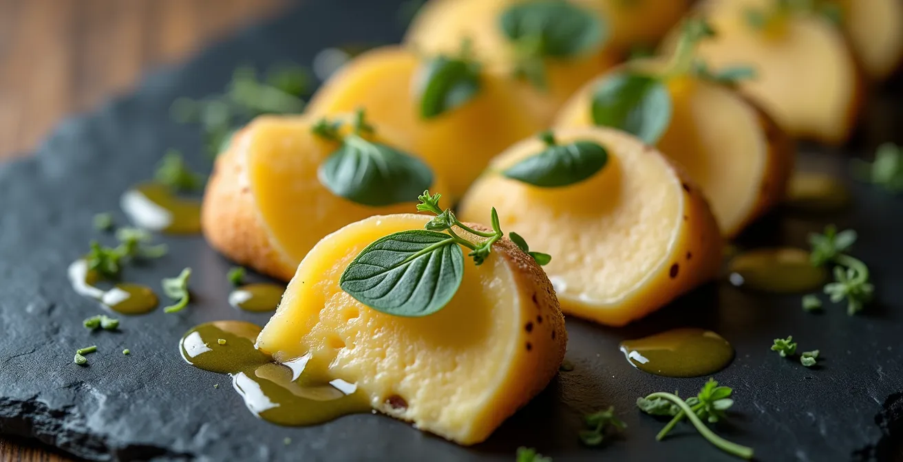 Détails macro d'une assiette gastronomique avec fromages d'alpage et herbes de montagne