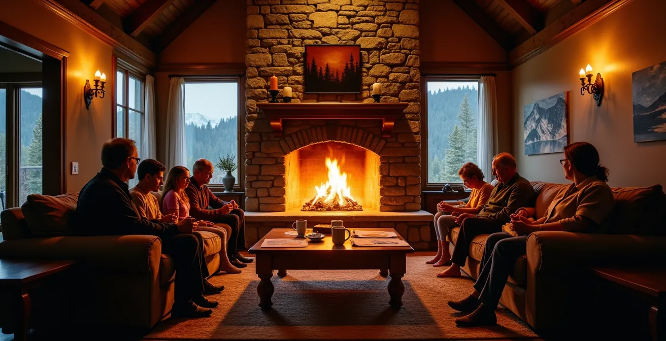 Cheminée monumentale en pierre dans le salon d'un hôtel de montagne avec familles réunies autour du feu