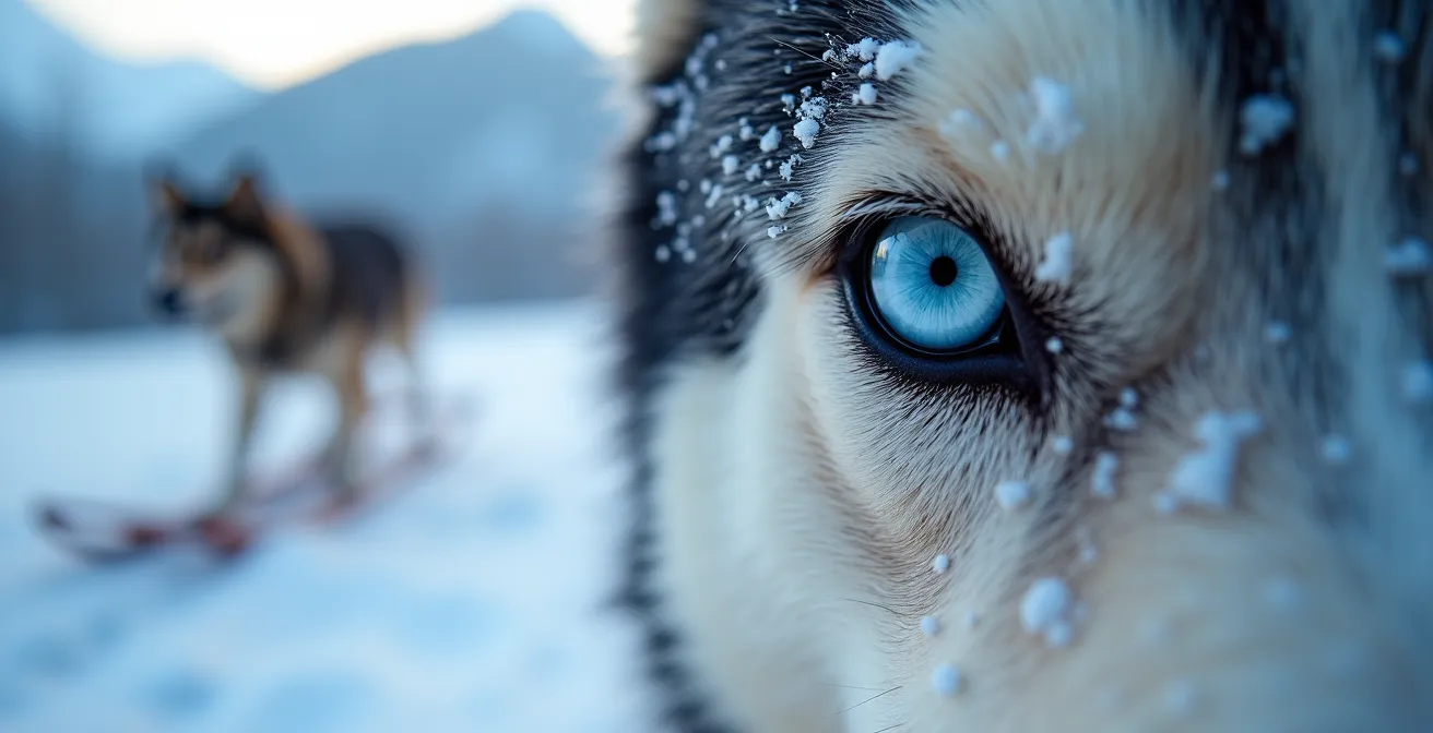 Attelage de chiens de traîneau avec musher et famille dans un paysage enneigé