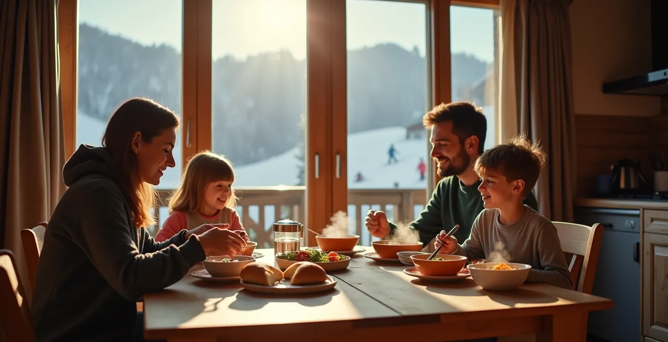 Contraste entre un restaurant d'altitude bondé et un déjeuner paisible en appartement