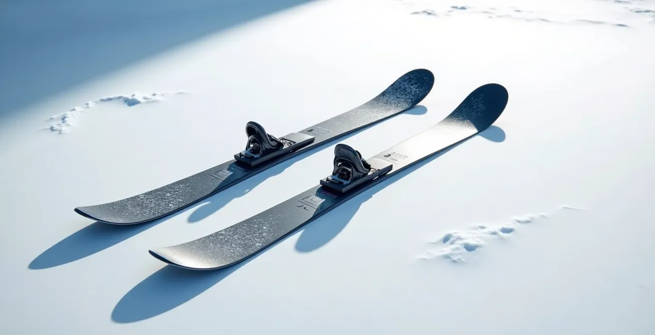 Deux paires de skis paraboliques posées côte à côte montrant la différence de taille et de shape