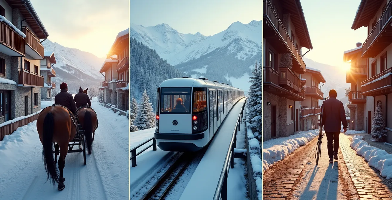 Collage photographique montrant trois approches de stations piétonnes : calèches à Avoriaz, funiculaire aux Arcs, ruelle piétonne à Valmorel