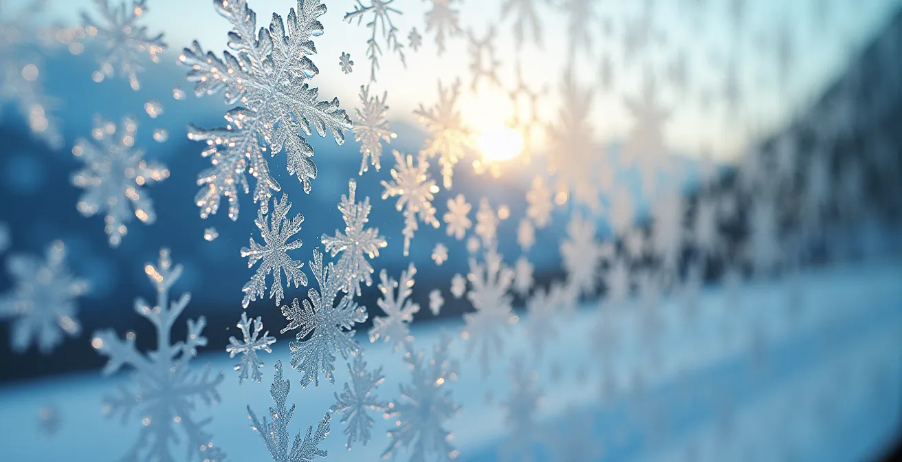 Vue macro détaillée de flocons de neige cristallisés sur une vitre de véhicule avec reflet flou d'une montagne