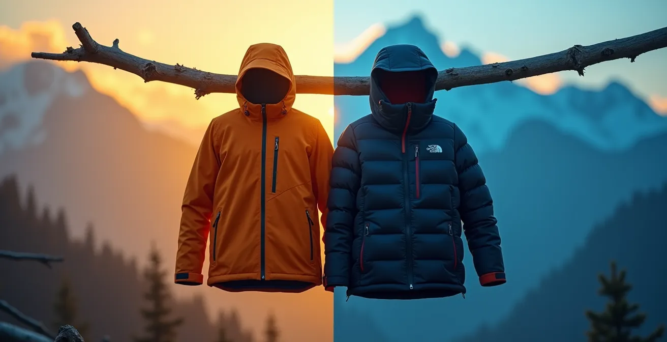 Deux types de vestes de ski présentées côte à côte sur fond de montagne enneigée