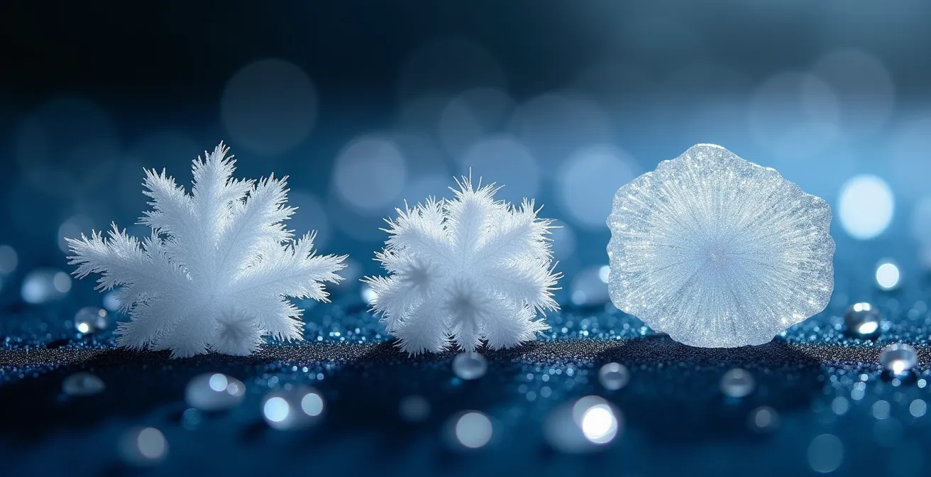 Détails macro de différents types de cristaux de neige