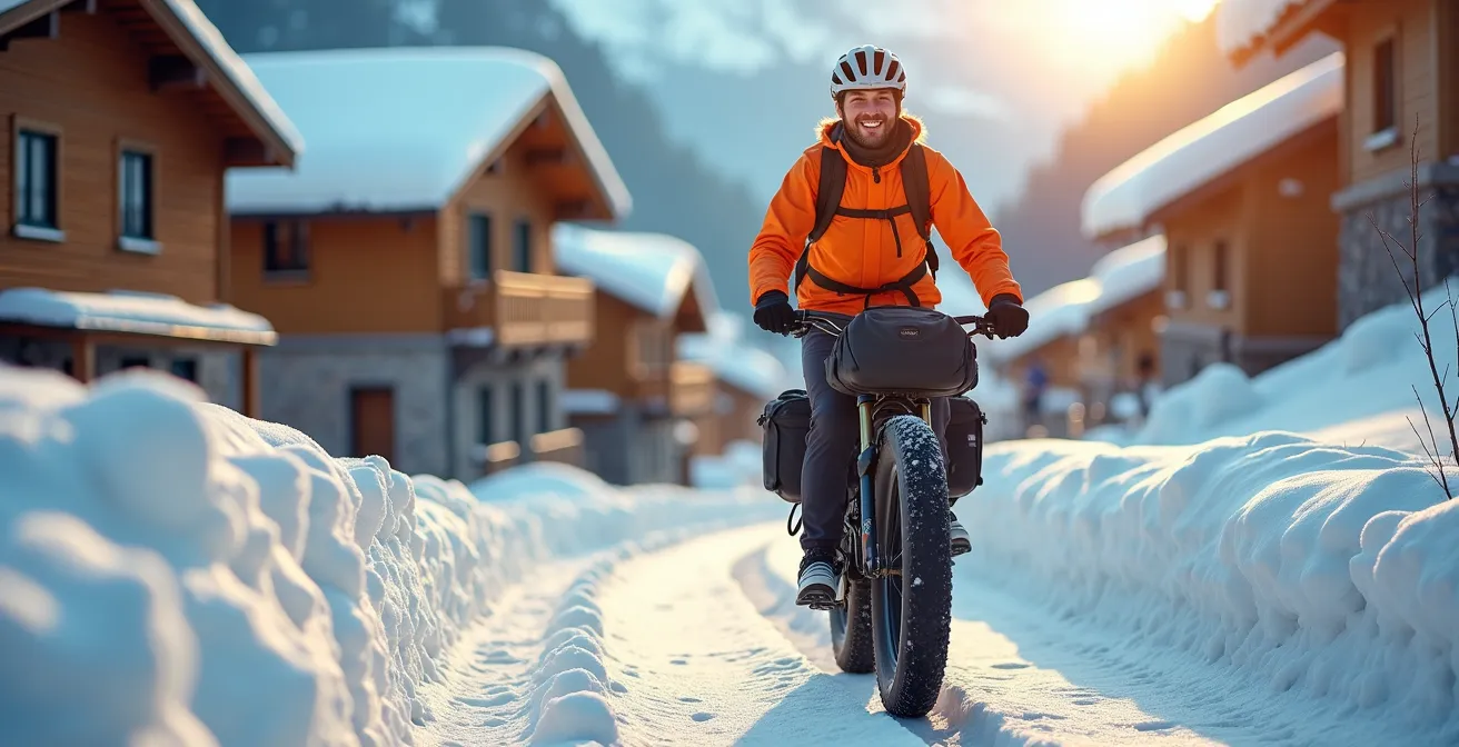 Personne sur fatbike électrique avec sacoches latérales traversant un village de station enneigé