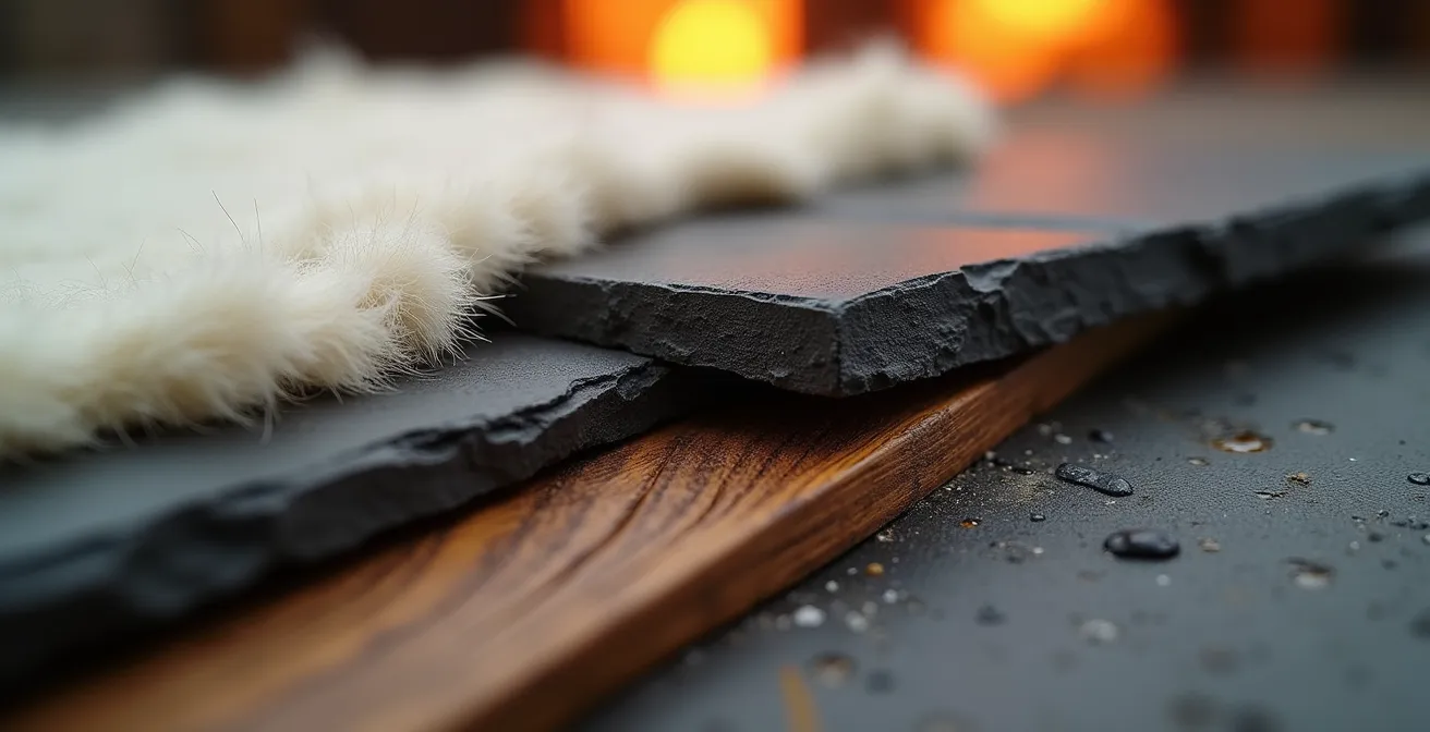 Détail macro de textures variées dans un chalet : bois brossé, peau de mouton et pierre d'ardoise