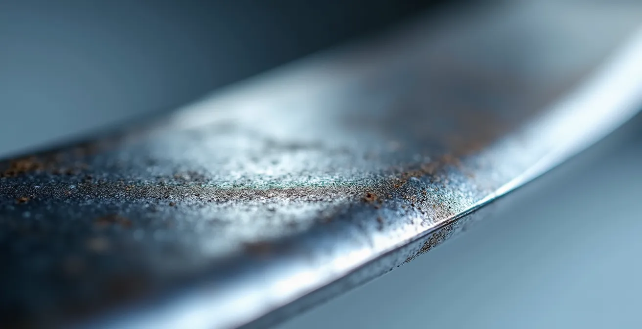 Vue macro d'une carre de ski montrant la texture du métal