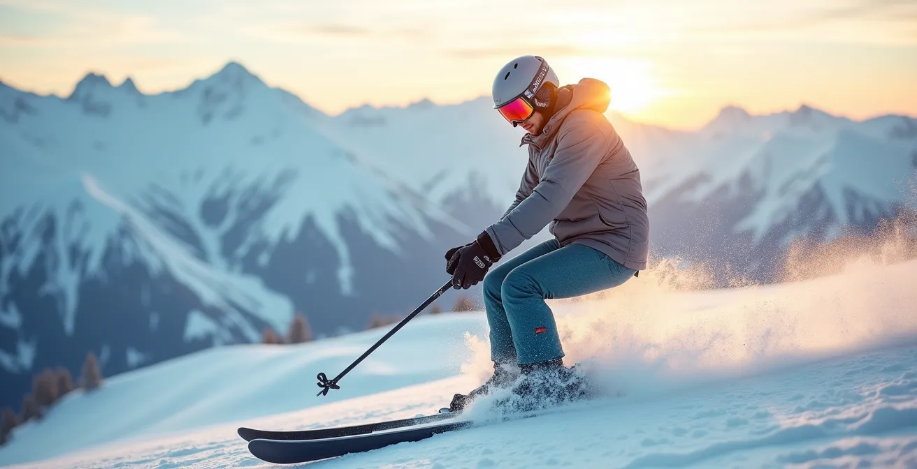 Skieur effectuant des mouvements d'échauffement dynamique au sommet d'une piste enneigée