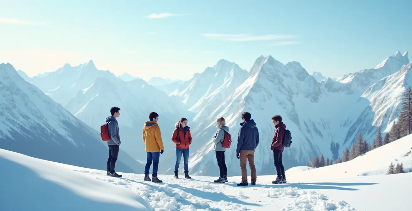 Groupe d'adolescents avec animateur en montagne dans une ambiance détendue
