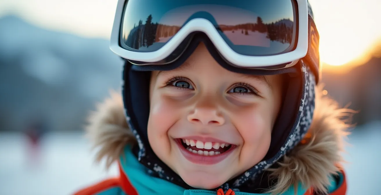 Portrait d'un jeune enfant souriant portant des lunettes bandeaux adaptées sur les pistes