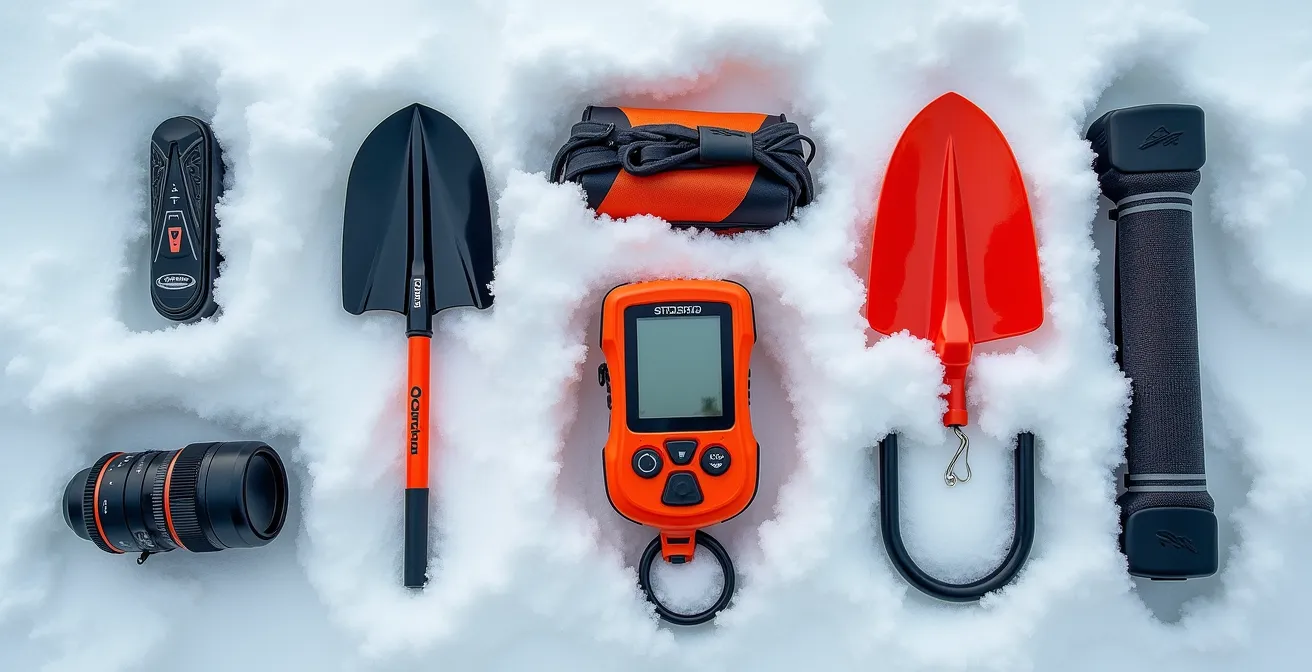 Matériel de sécurité pour ski de randonnée disposé de manière organisée