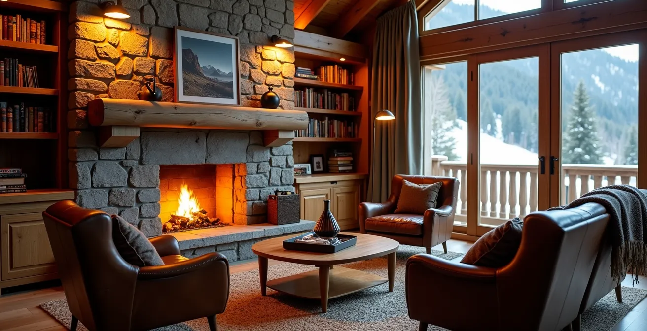 Salon chaleureux de chalet avec cheminée, canapés en cuir et vue montagne, ambiance intime sans écran