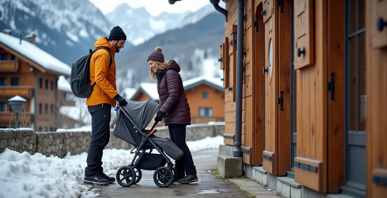 Parents avec poussette tout-terrain devant un chalet de moyenne montagne sous les 1800 mètres