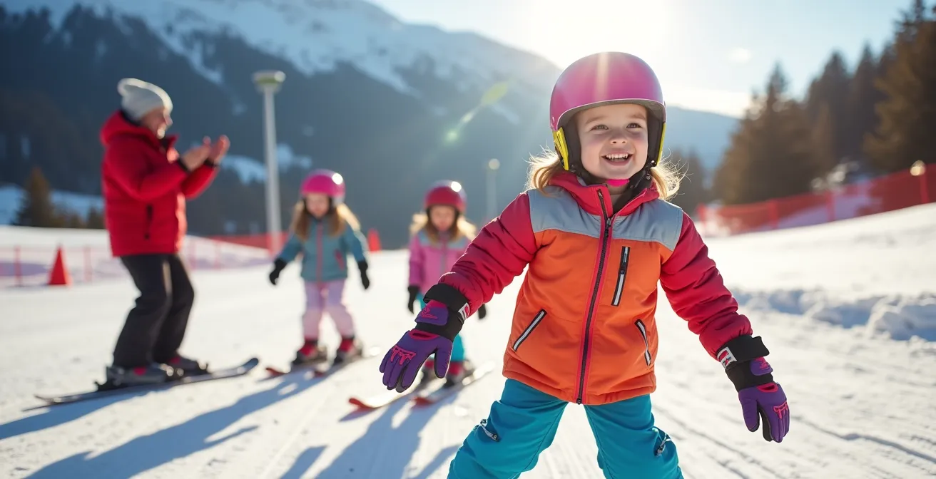 Jardin des neiges coloré avec enfants et moniteurs ESF dans une station labellisée