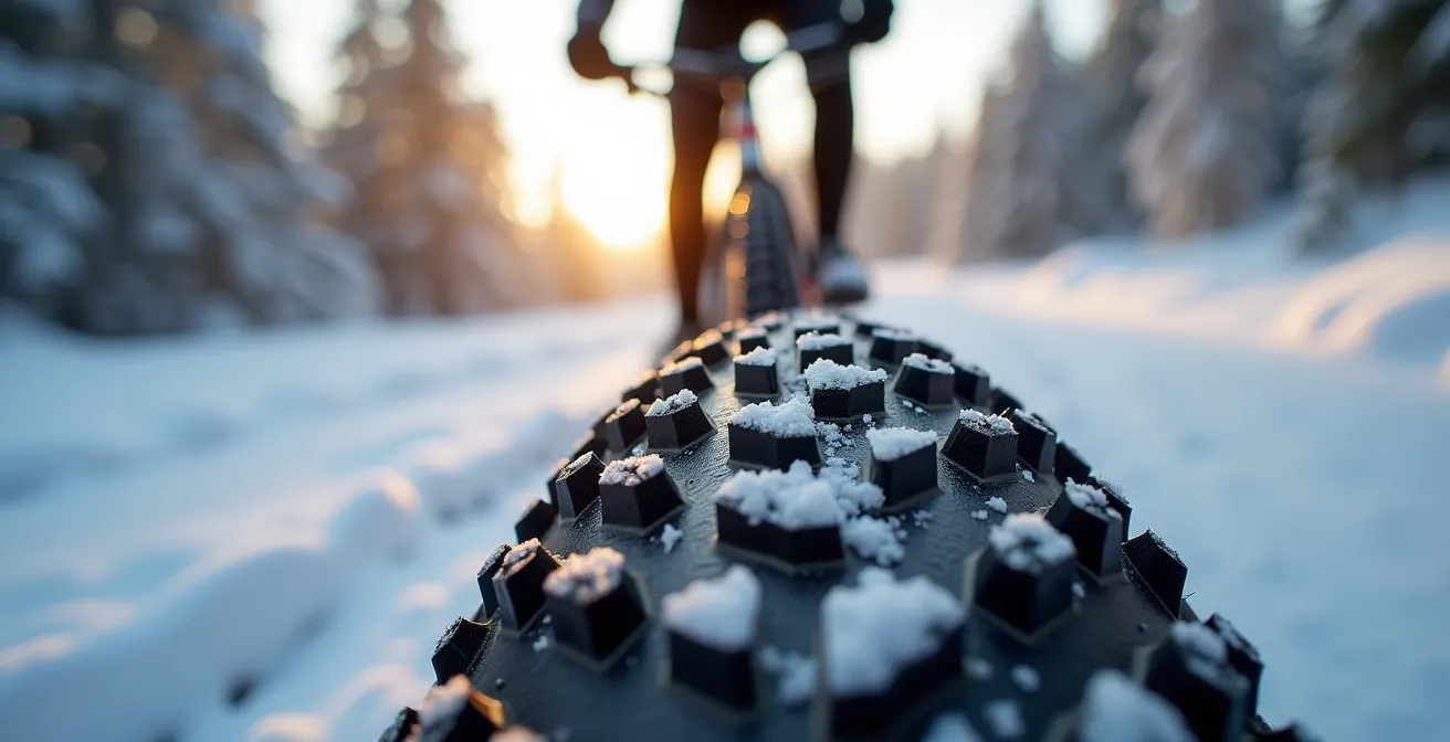 Gros plan sur les pneus larges d'un fatbike électrique dans la neige fraîche avec rider flou en arrière-plan