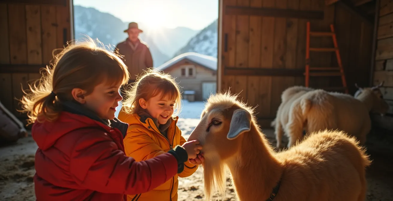 Famille avec enfants caressant des chèvres dans une ferme d'alpage au soleil couchant
