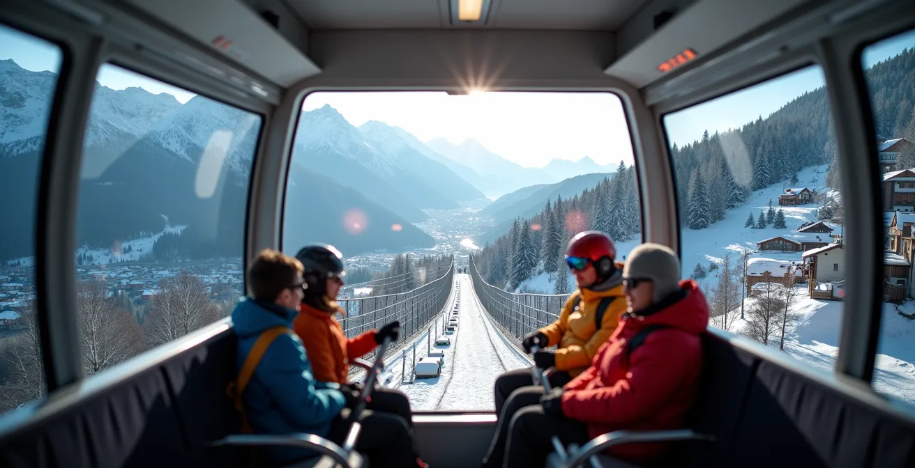 Vue intérieure d'une cabine de funiculaire moderne montant vers les sommets enneigés