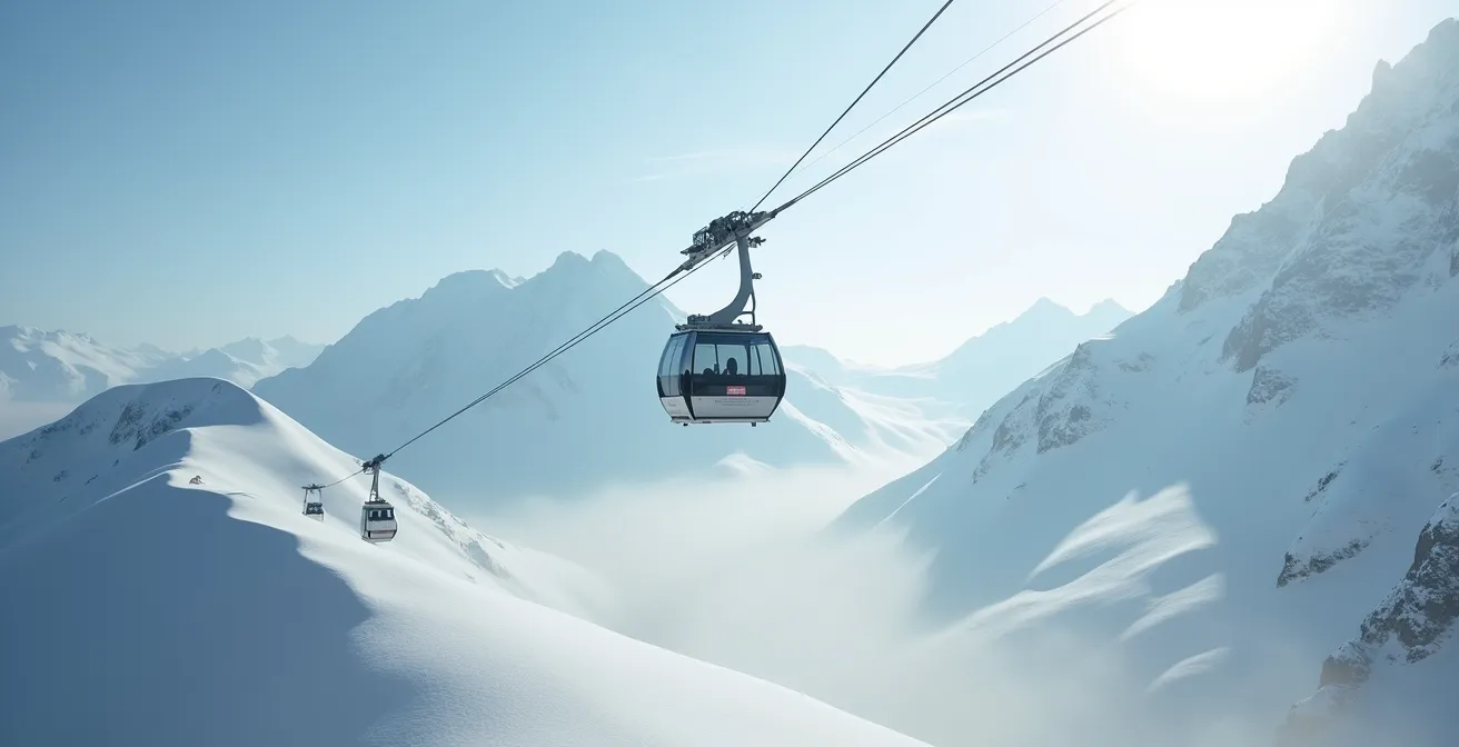 Funiculaire moderne gravissant la montagne enneigée vers une station de ski