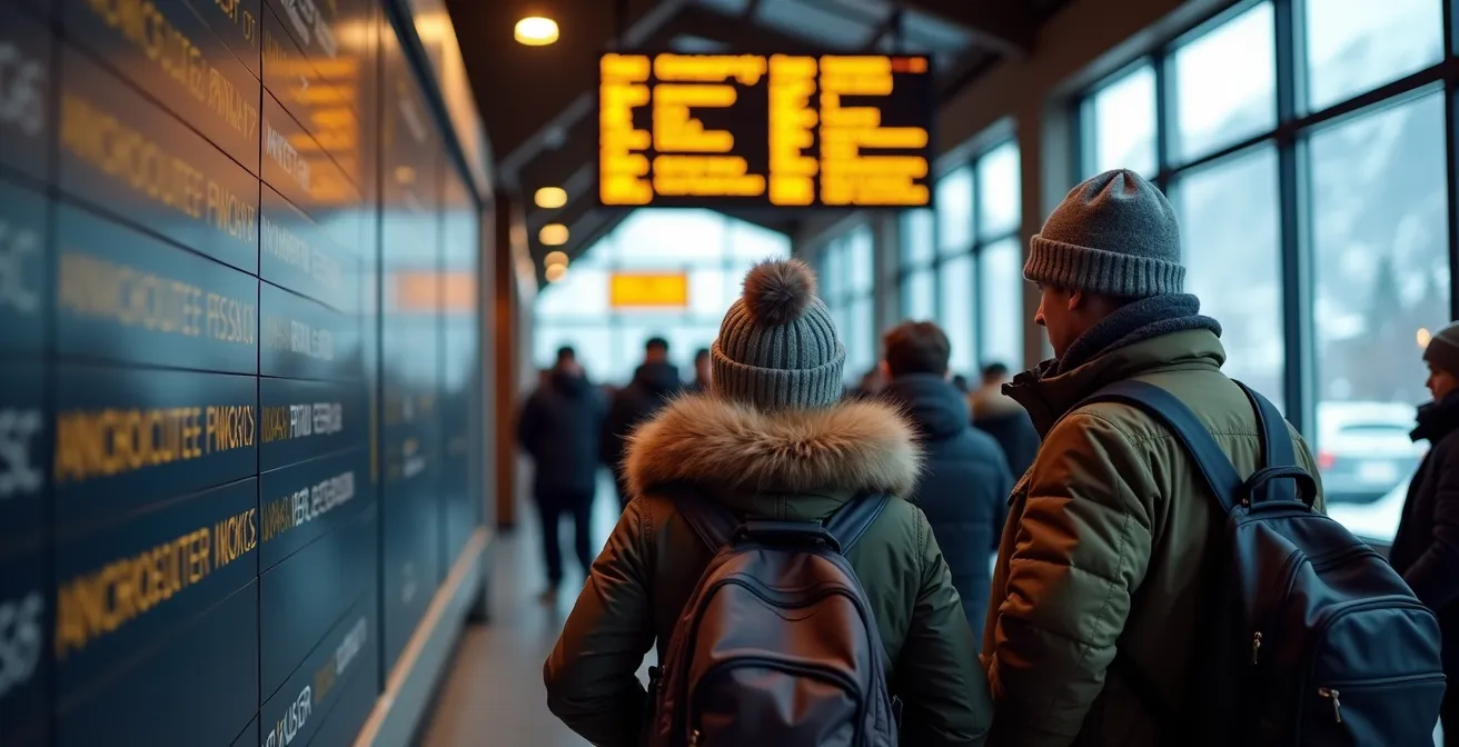 Hall de gare avec voyageurs consultant les horaires de navettes pour les stations