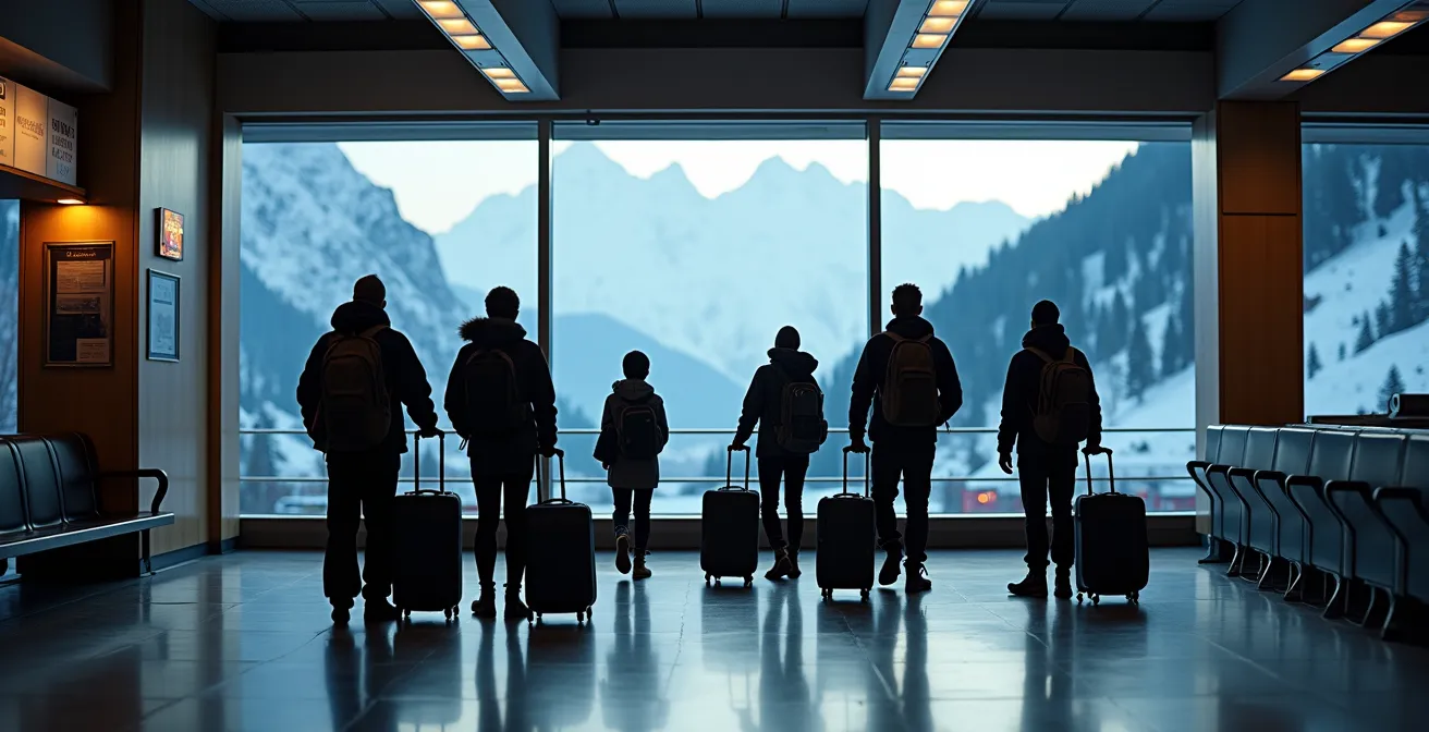 Hall de gare en hiver avec voyageurs et leurs équipements de ski vus de dos