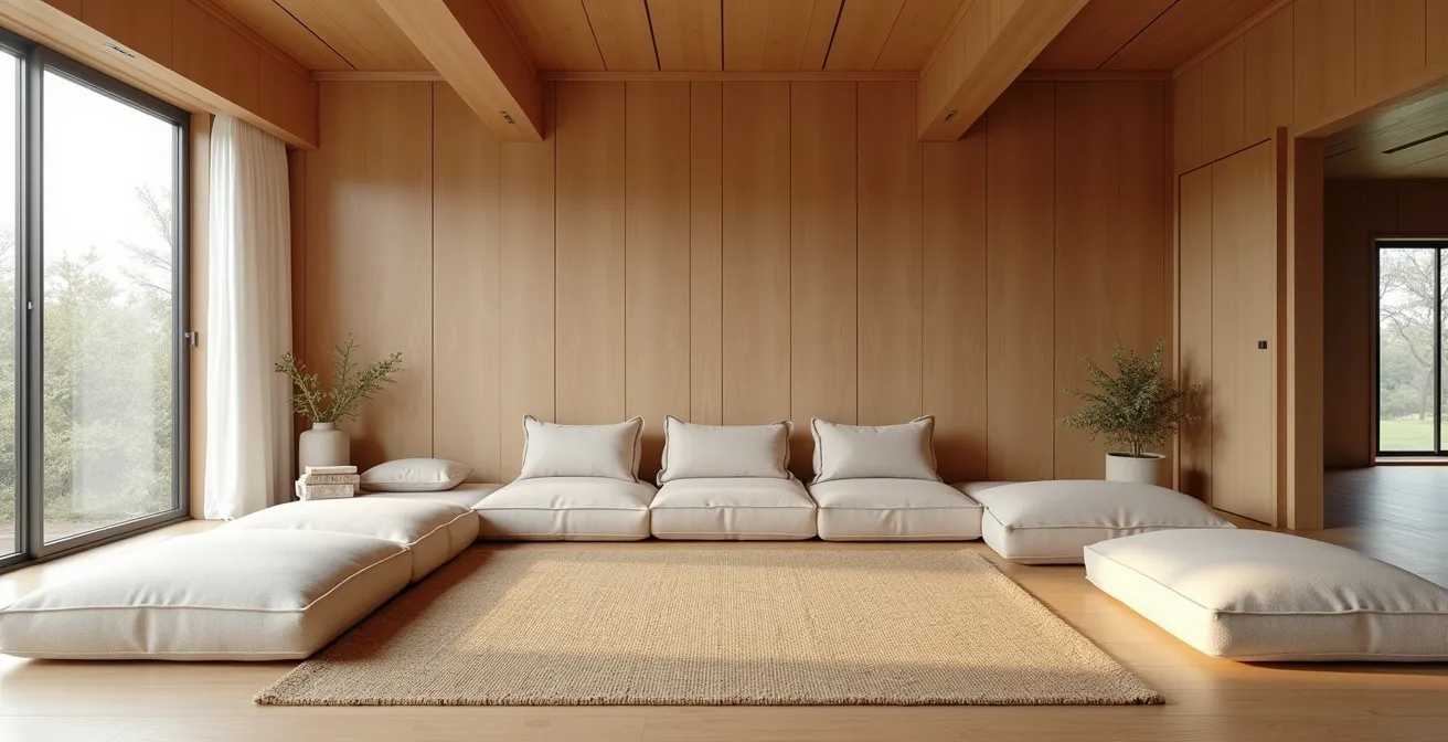 Espace intérieur en bois avec éléments textiles doux créant une respiration visuelle