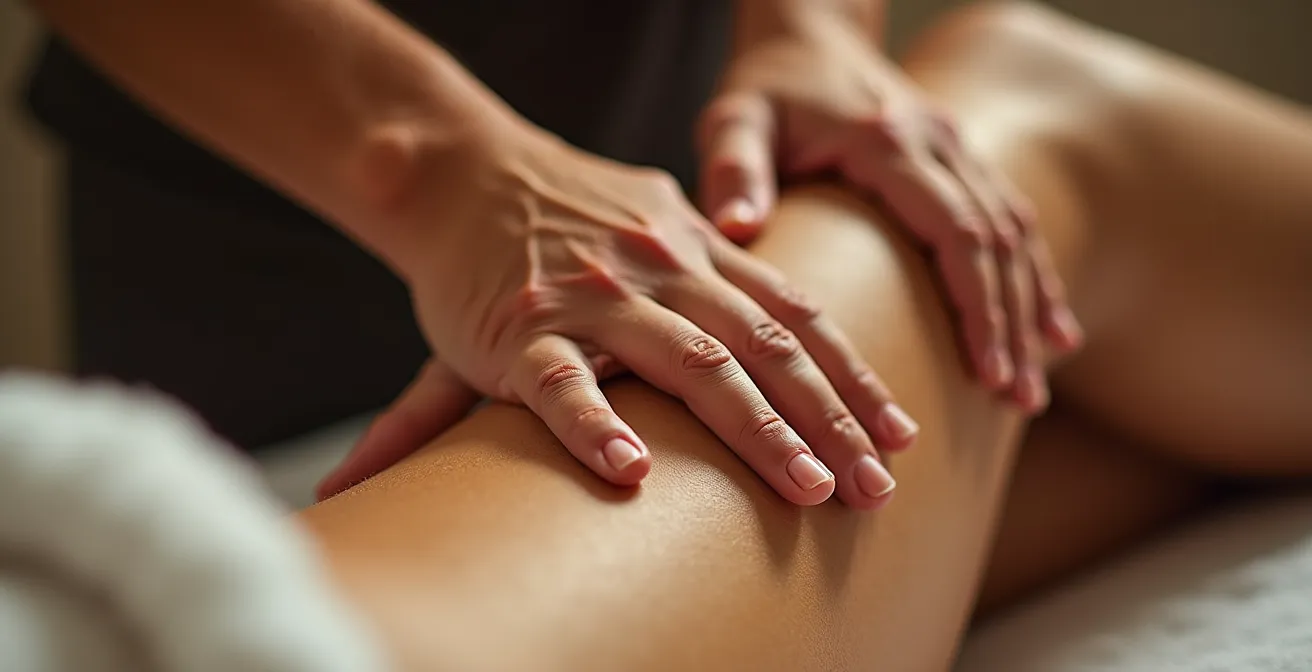 Gros plan sur des mains expertes effectuant un massage profond sur les muscles du mollet d'un sportif