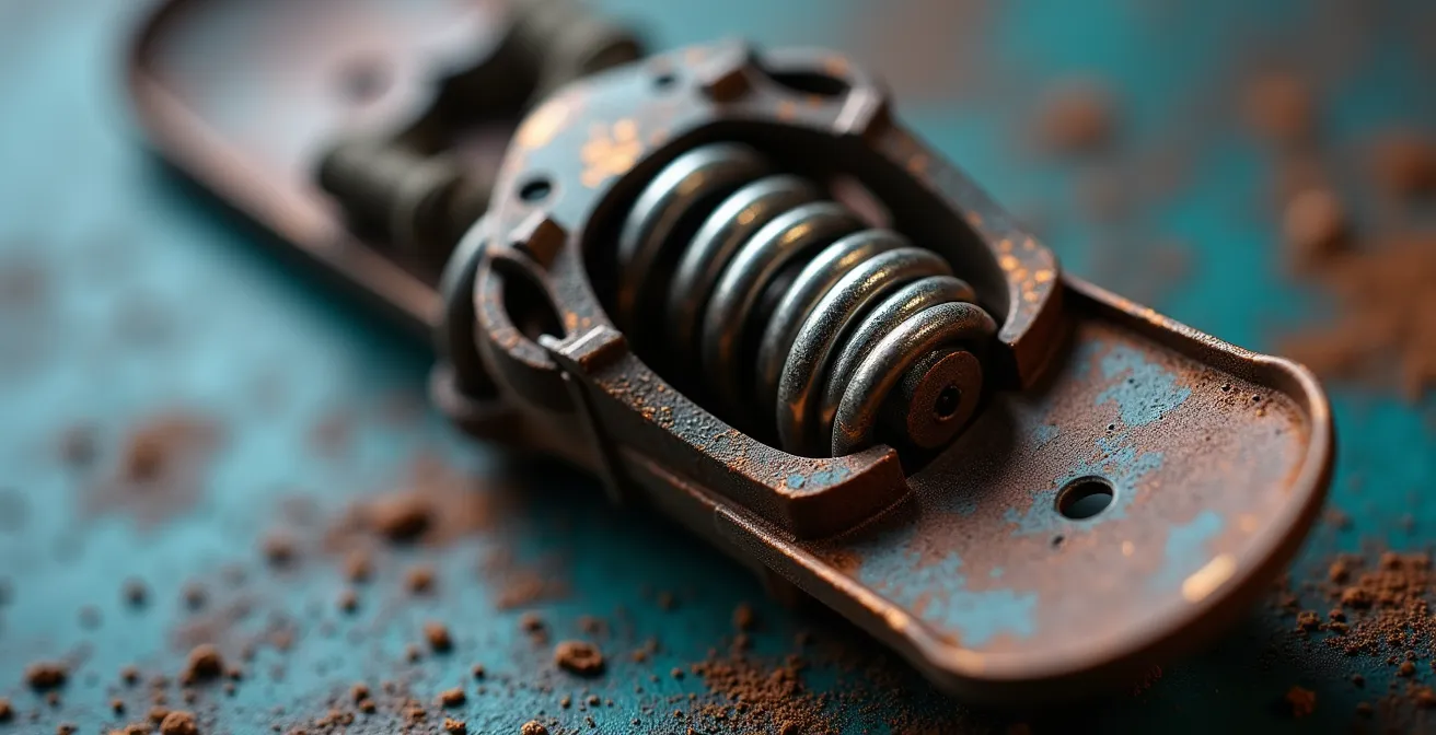 Détail du mécanisme de ressort d'une fixation de ski montrant les signes d'usure