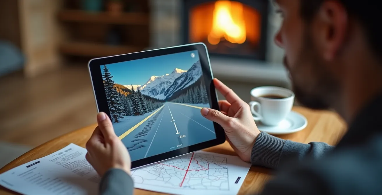 Écran montrant la mesure de distance réelle sur Google Earth entre un appartement et les pistes de ski