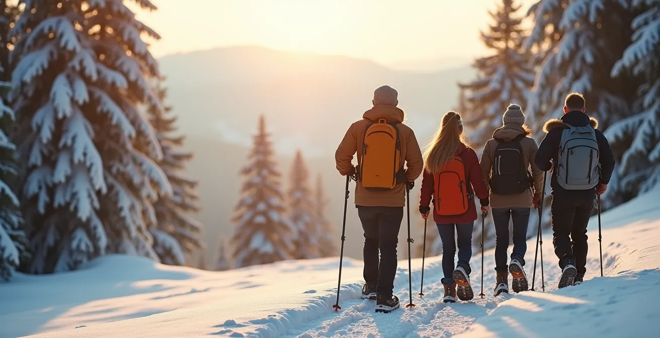 Randonneurs en raquettes dans un paysage hivernal préservé avec forêt enneigée
