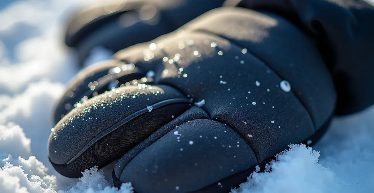 Gros plan sur des moufles de ski avec effet de chaleur visible et cristaux de neige