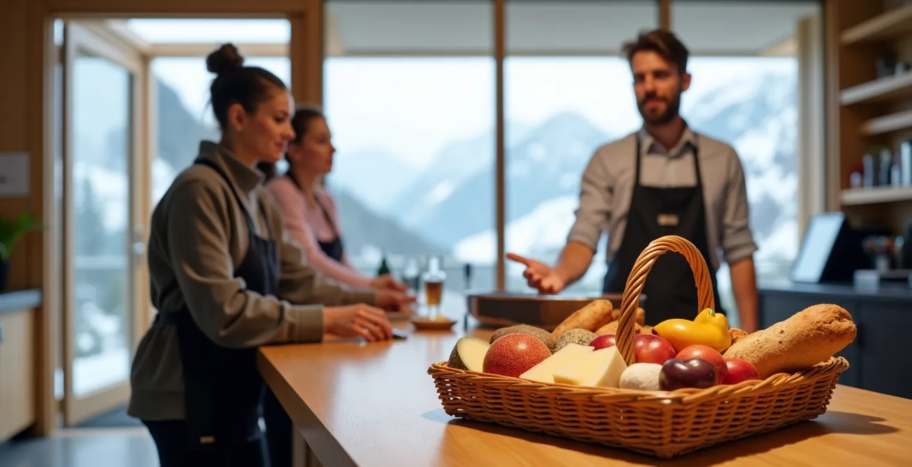 Réceptionniste d'hôtel préparant un panier-repas premium pour une famille