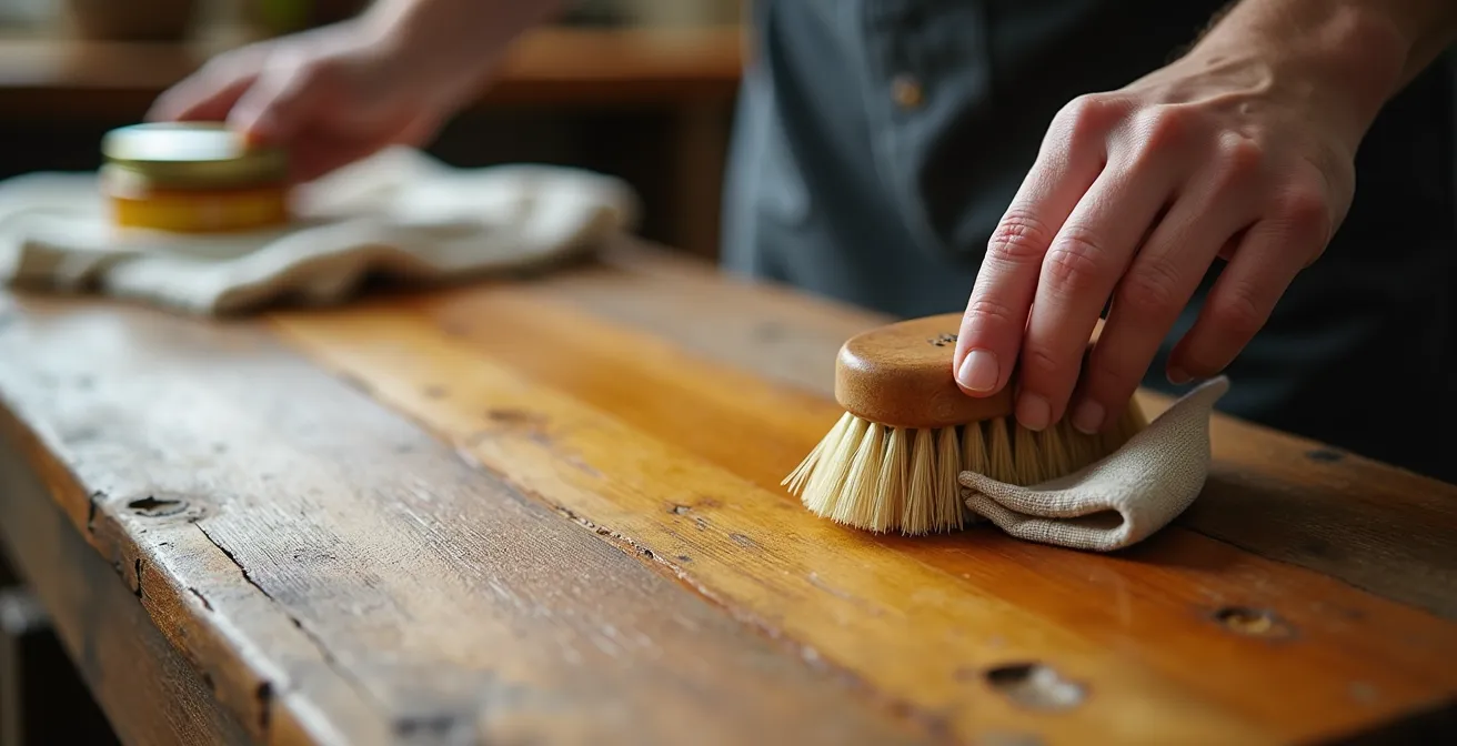 Gros plan sur une main nettoyant délicatement une table en bois brut avec une brosse douce