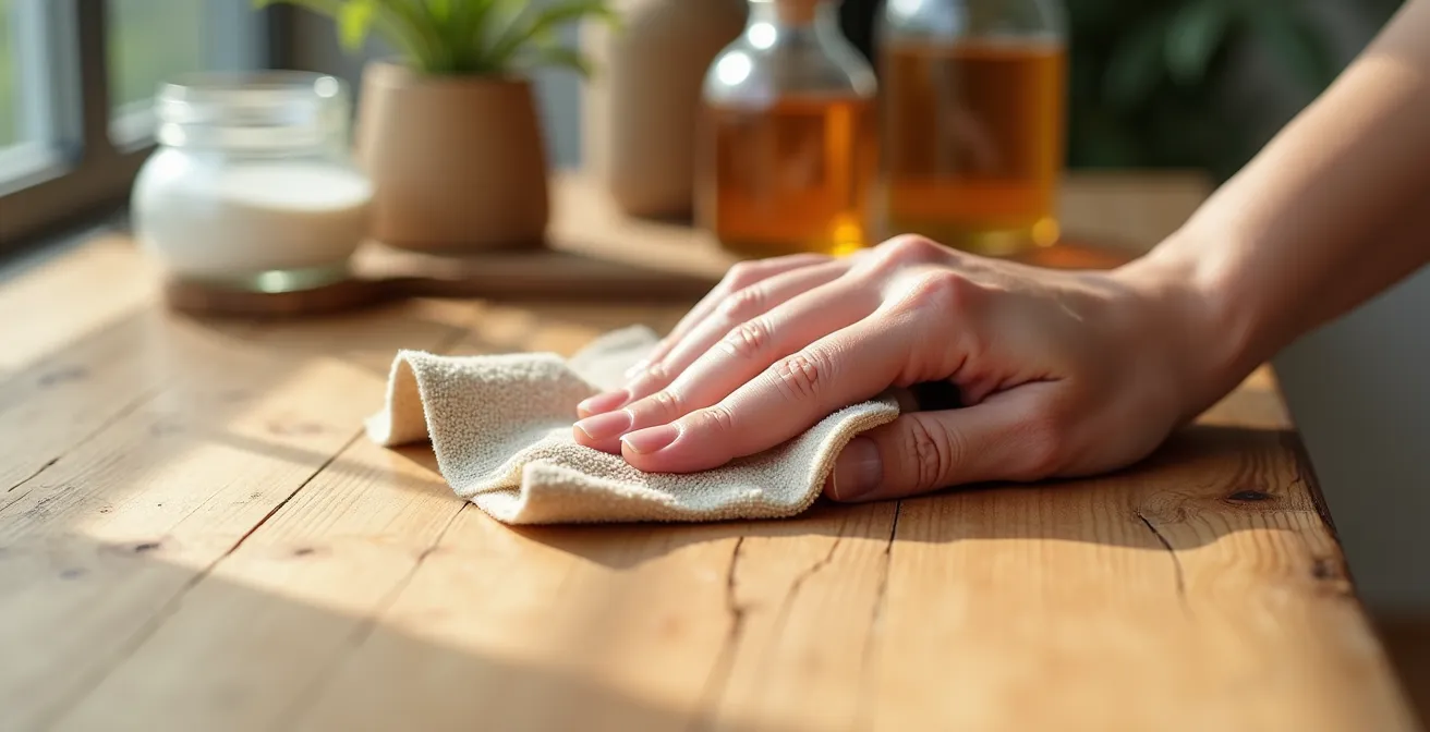 Gros plan sur une main nettoyant une table en bois brut avec des produits naturels disposés autour