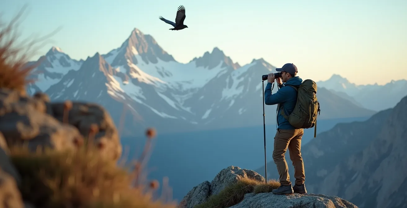 Randonneur observant un gypaète barbu aux jumelles depuis un promontoire rocheux en haute montagne