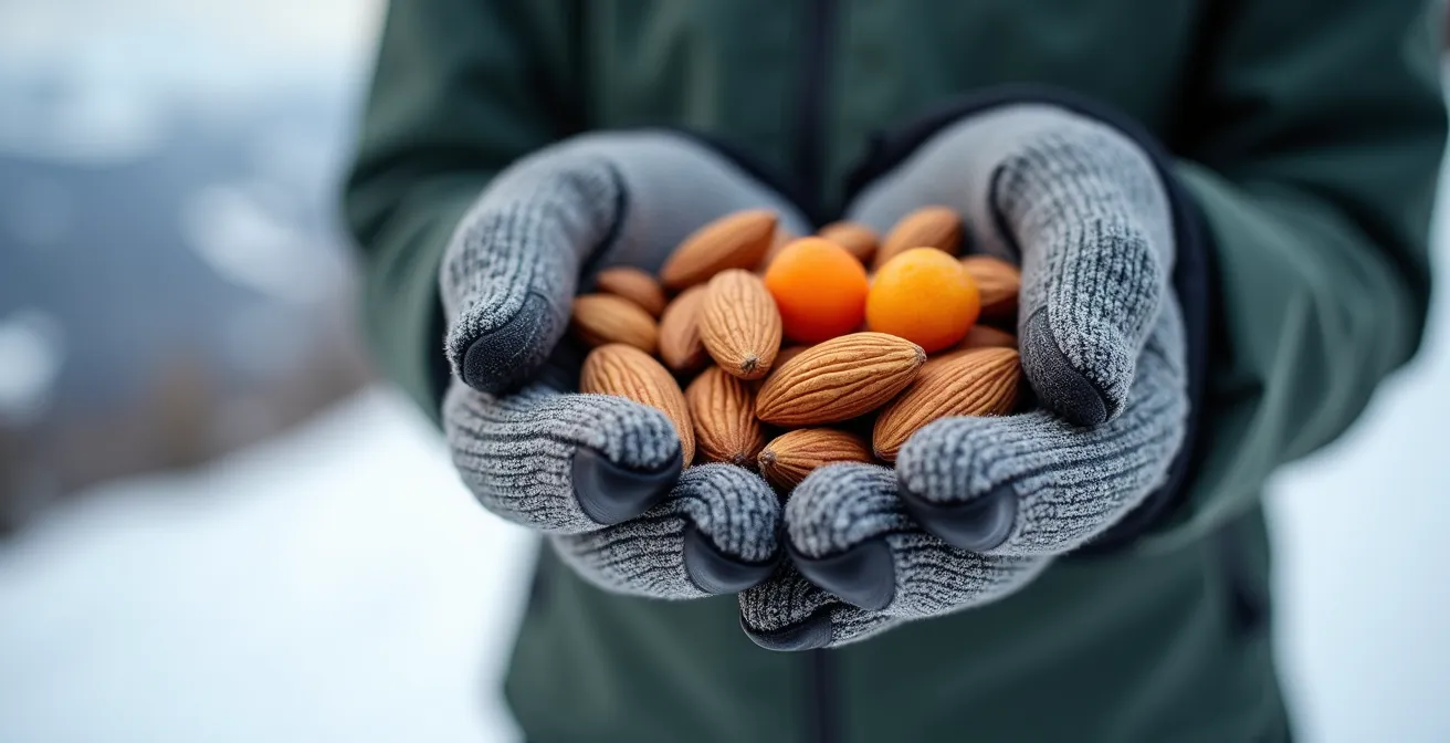 Skieur prenant une collation énergétique lors d'une pause en montagne