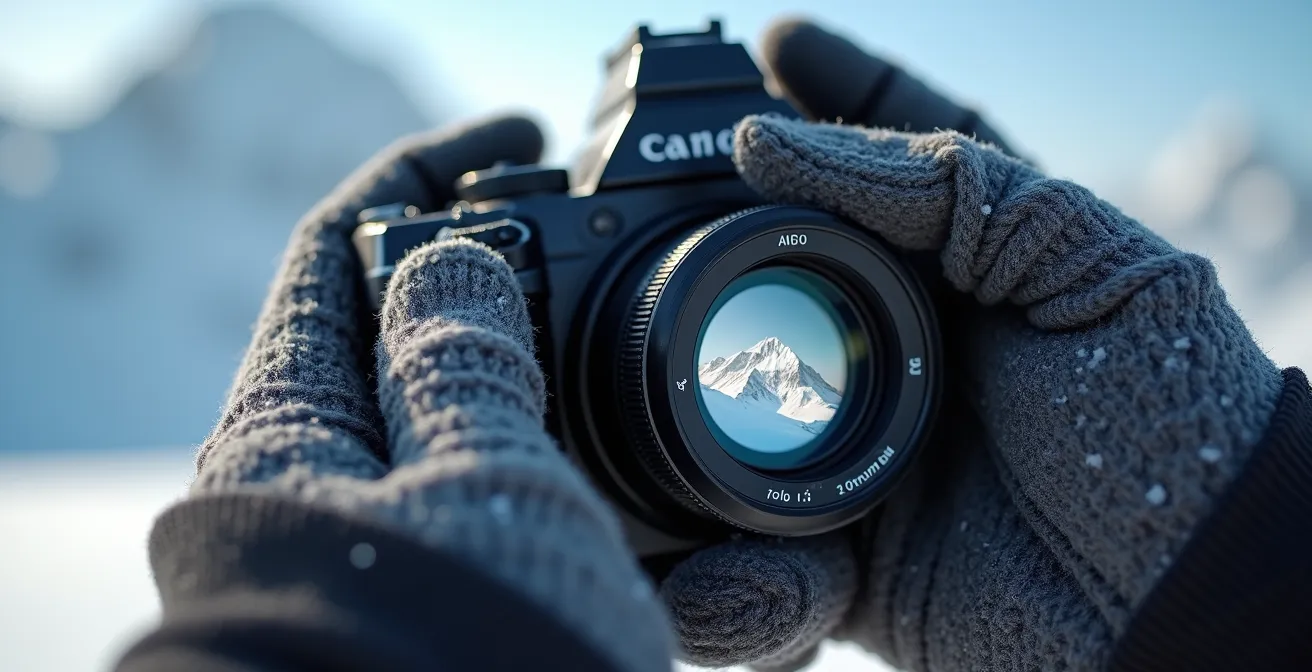 Photographe ajustant les réglages de son appareil photo face à un paysage enneigé du Mont-Blanc