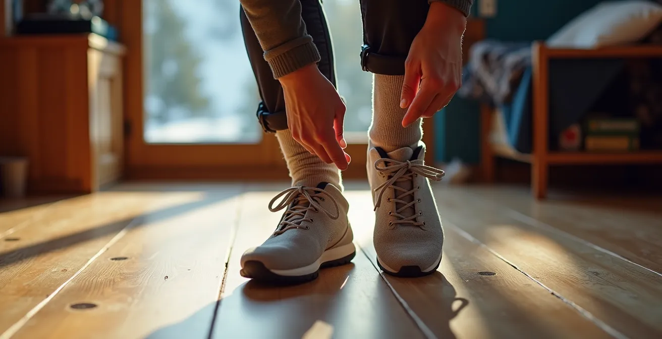 Vue en plongée sur les pieds d'un skieur se préparant