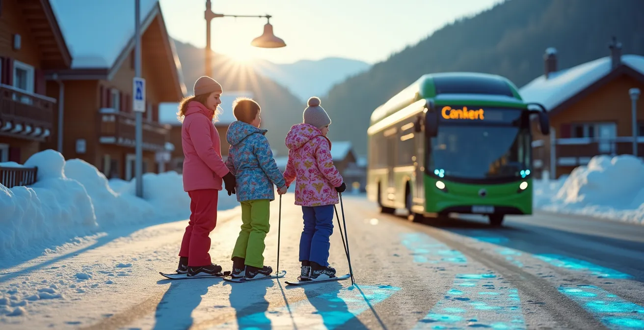 Famille traversant prudemment devant un bus électrique dans une station de ski avec signalisation lumineuse au sol