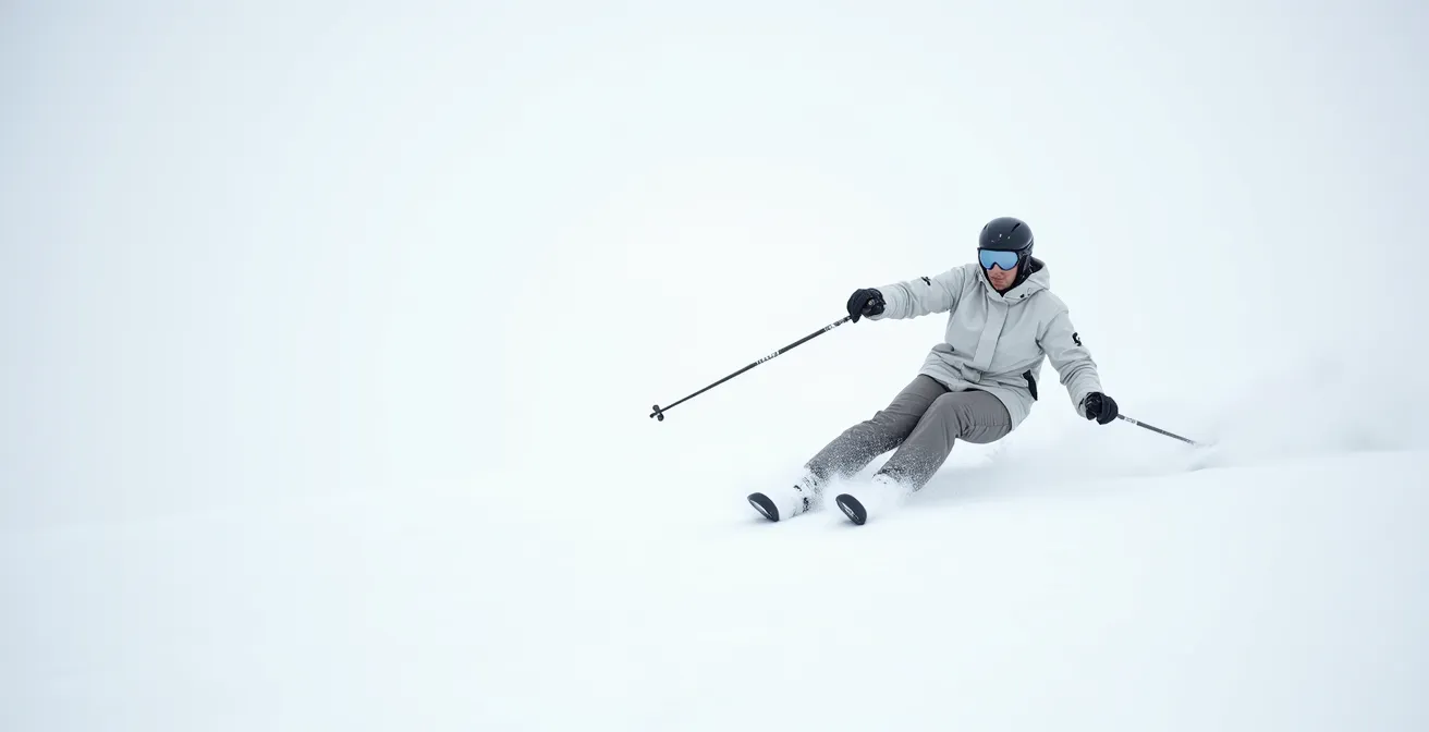 Skieur en position de descente montrant l'alignement correct du bassin et la flexion de cheville